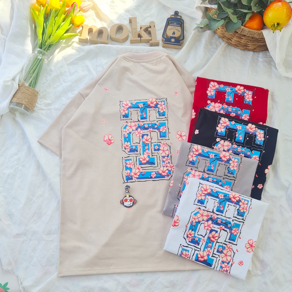 Áo phông áo thun nam nữ tay lỡ from rộng freesize chất cotton thoáng mát in hoa đào mokishop