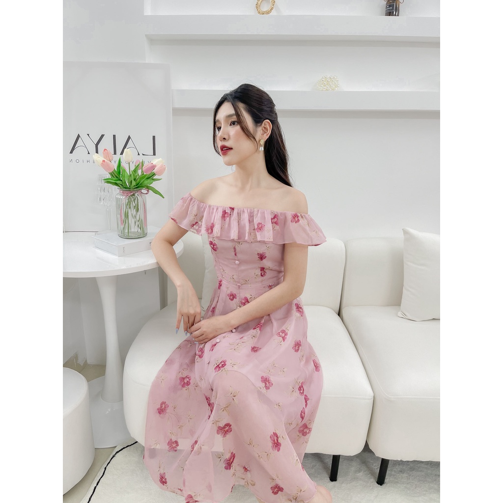 LALYA_D397_Váy tơ hoa trễ vai khuy bọc-Hồng