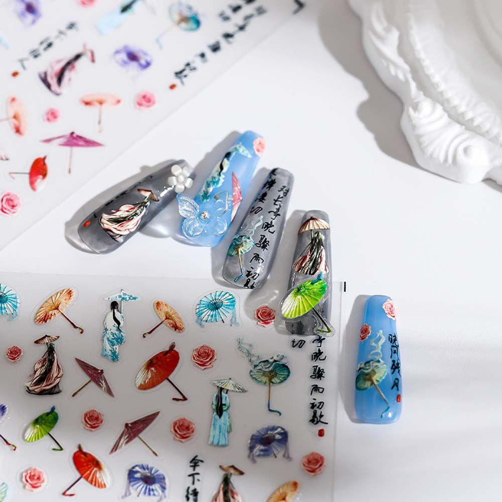 Miếng Dán Móng Tay Tự Dính Họa Tiết Cây Dù Phong Cách Trung Hoa Cổ Điển