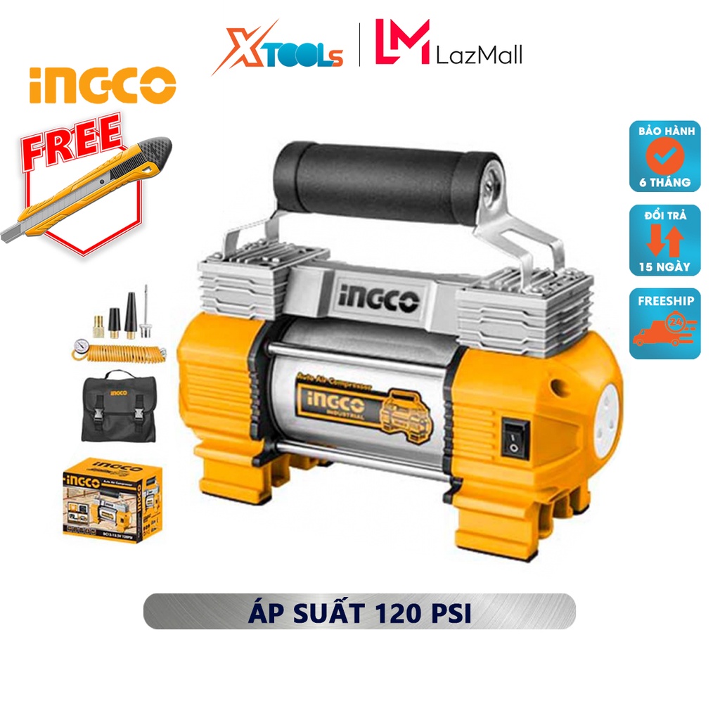 Dụng cụ kiểm tra hơi lốp xe INGCO AAC2508 | Máy bơm hơi lốp xe Dây nguồn 3M có đầu gắn xe hơi, 3 đèn LED hiển thị phun s