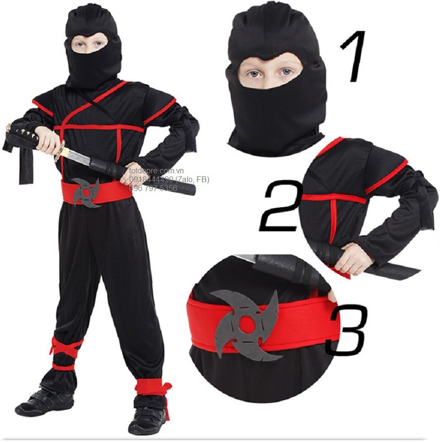 Bộ hóa trang Ninja kiểu quần áo liền thân kèm mũ chùm đầu, đai cho bé