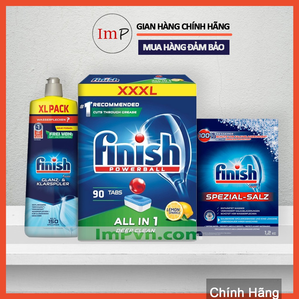 Combo rửa bát Finish Hộp All in one (100 viên hoặc 90 viên), Muối 1.2kg, Nước làm bóng 750ml