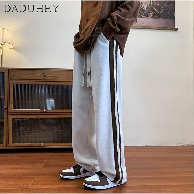 DaDuHey Men's Autumn Fashion Brand Loose Striped Casual Pants Ins Corduroy Straight Wide Leg Sports Pants
