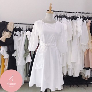 váy trắng basic cổ tròn thắt nơ eo kèm ảnh thật MS12 SẴN SIZE S, M