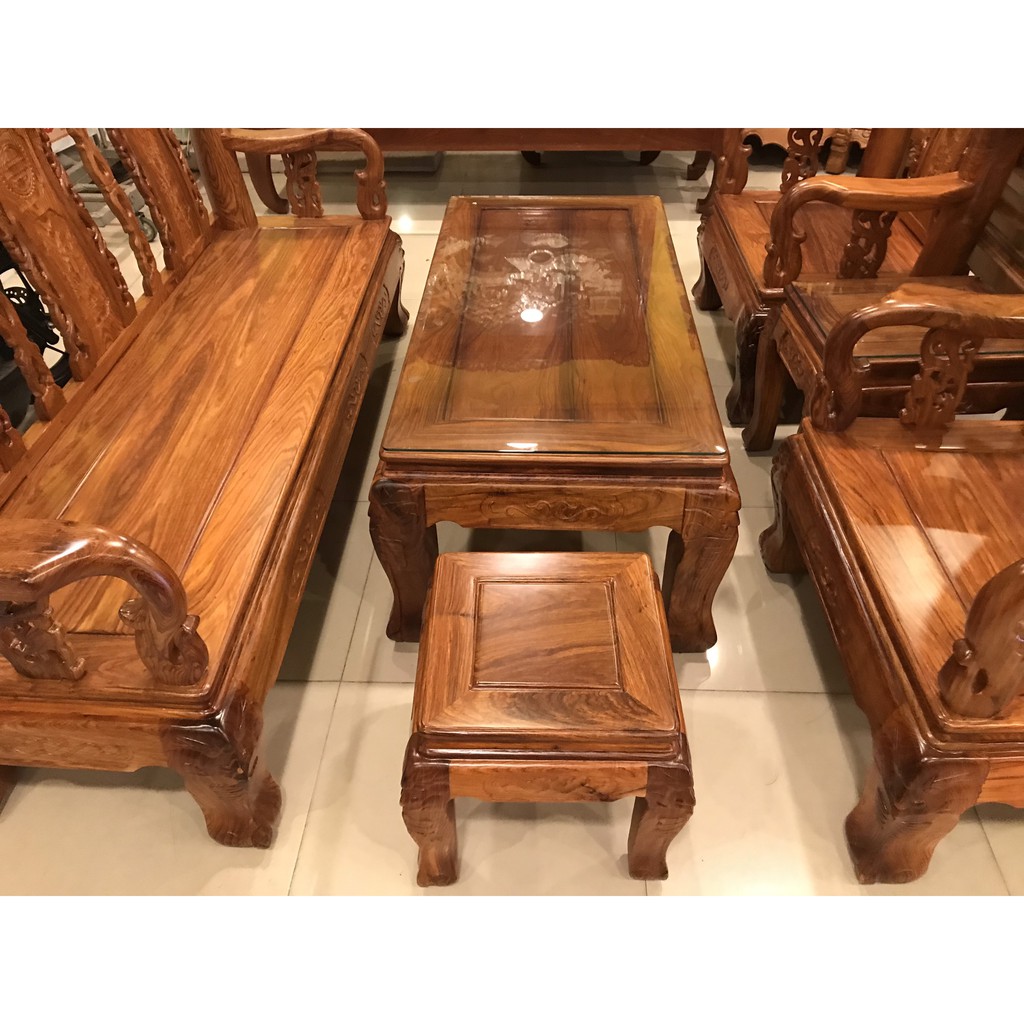 Bộ bàn ghế gỗ hương đào vân tuyển 6 món tay 12