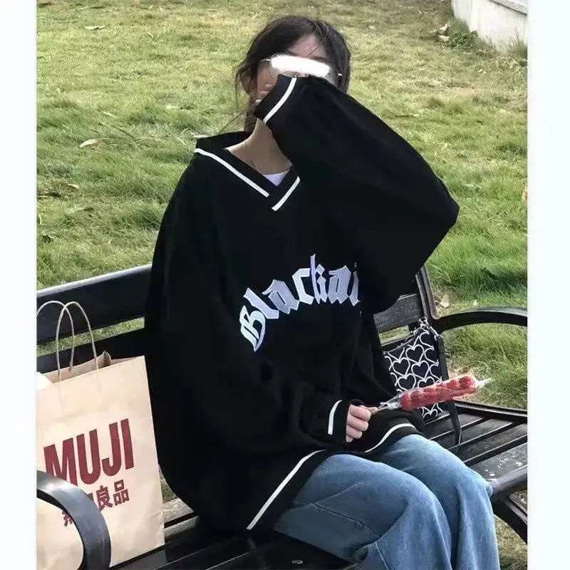Jiashucheng Áo Khoác Sweater Cổ Chữ V Màu Đen Phong Cách Retro Mỹ Dễ Phối Đồ Dành Cho Nữ