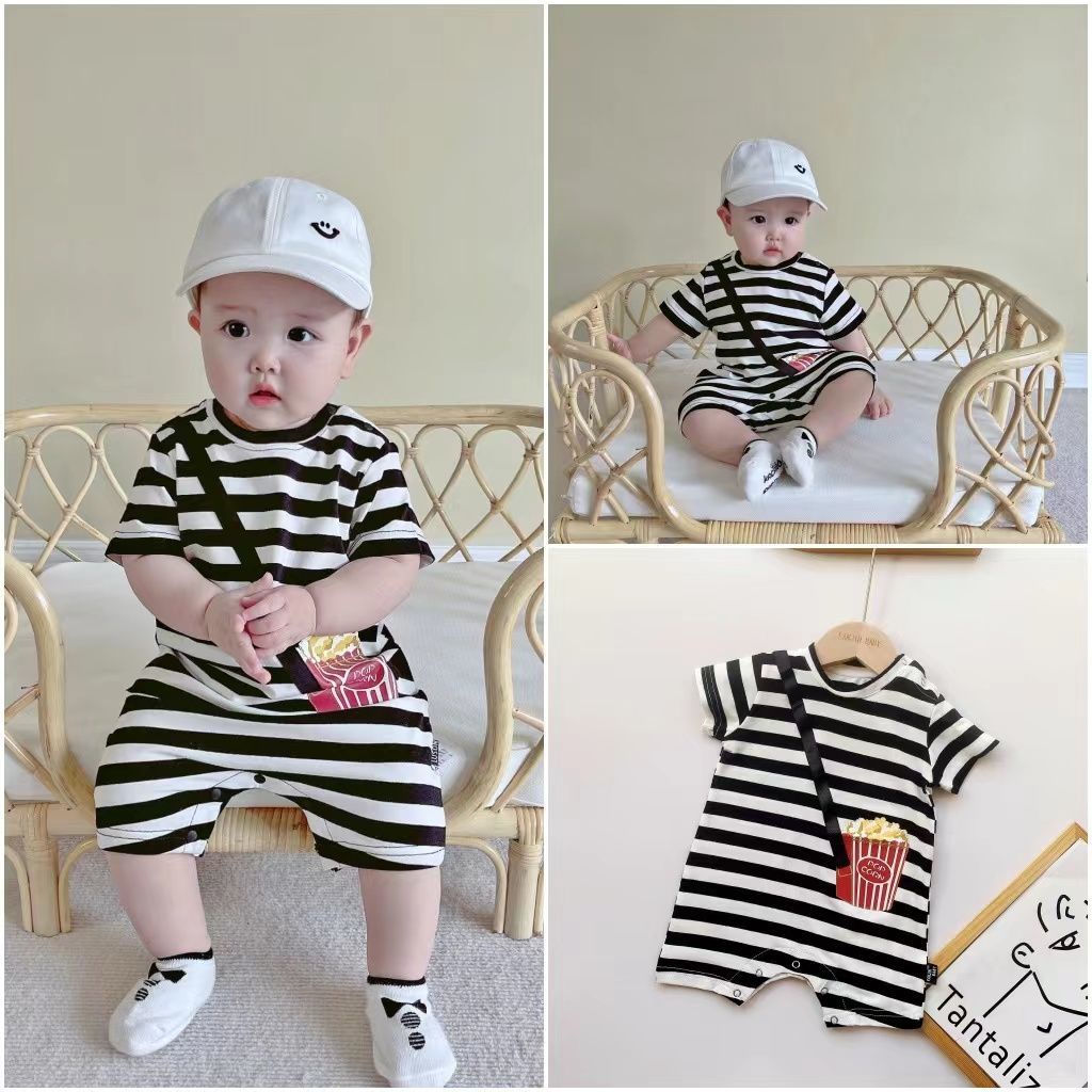 Áo Liền Quần Ngắn Tay Họa Tiết Sọc Thời Trang Mùa Hè Cho Bé Trai