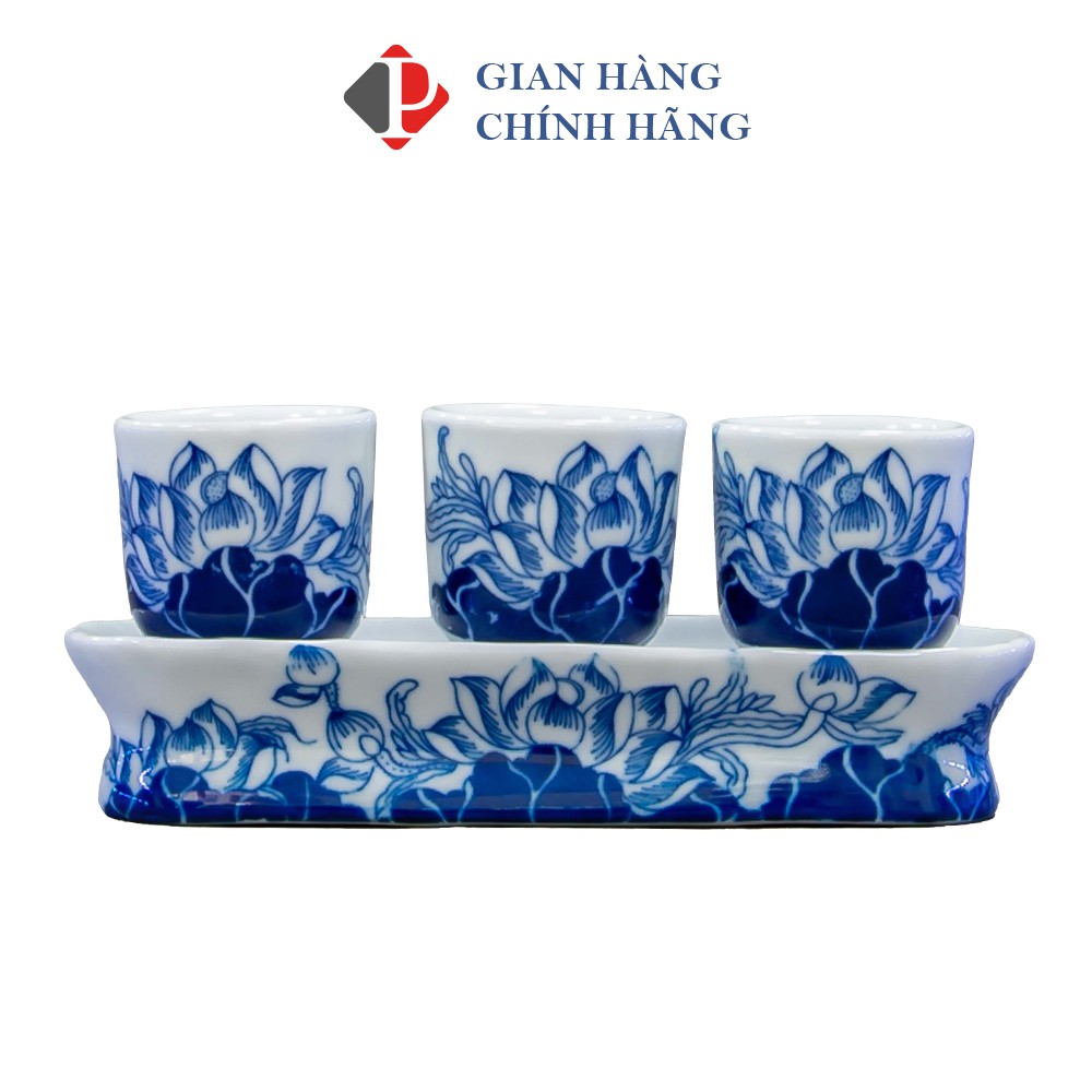 Bộ kỷ 3-5 chén rượu dáng THẲNG men Lam Trắng Trơn họa tiết SEN, đồ thờ cúng Phùng Gia - Gốm sứ Bát Tràng cao cấp