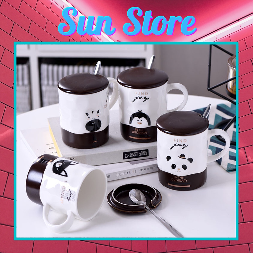 Cốc sứ kèm nắp và thìa ly sứ cafe 360ml hoạ tiết hoạt hình dễ thương dùng làm quà tặng, decor góc làm việc - SunstoreVN