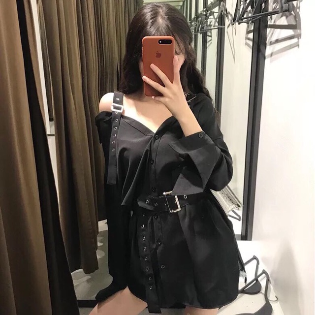 [Sẵn L] Váy trễ vai kèm thắt lưng ulzzang | BigBuy360 - bigbuy360.vn