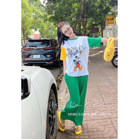 ( Xã kho)Set quần suông áo cotton micky phối viền xinh xắn