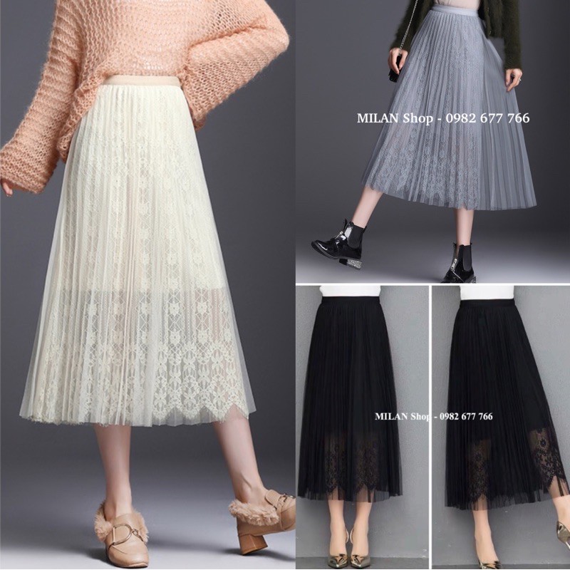 Chân váy xếp ly công chúa phối ren hoa