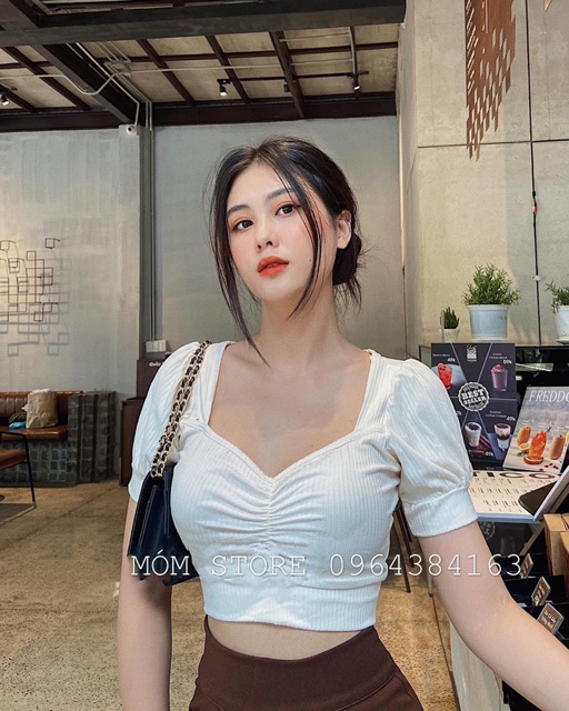 Áo Thun Gân Croptop Nhún Ngực Tay Phồng Co Giản