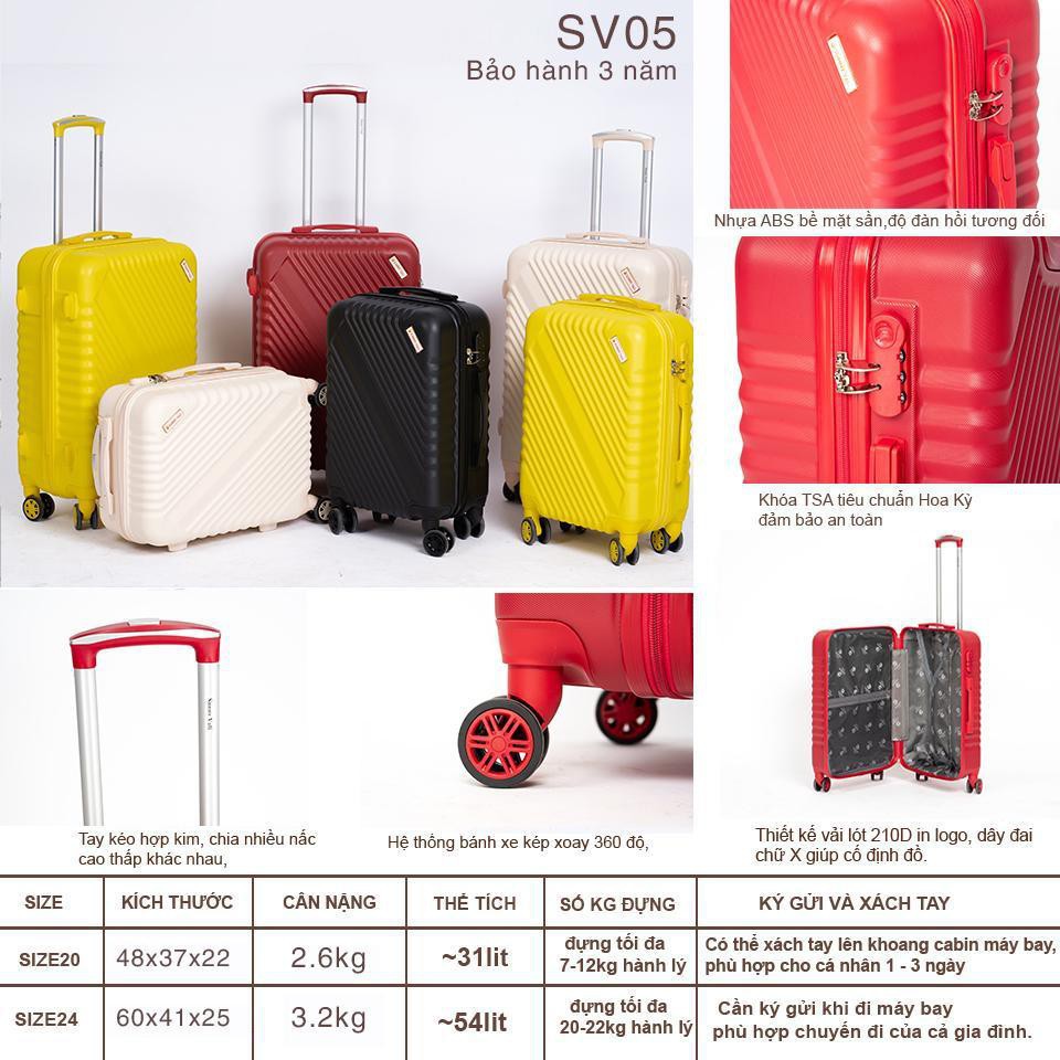 Hàng chính Hãng_Vali kéo du lịch SUNNY SV05 -  nhựa dẻo ABS, khóa số an toàn, size 20 +24, vali