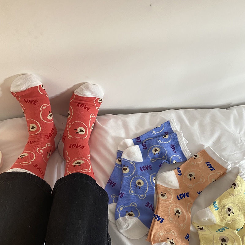 Vớ Cotton Dày Cổ Trung Họa Tiết Hoạt Hình Dễ Thương Phong Cách Hàn Quốc