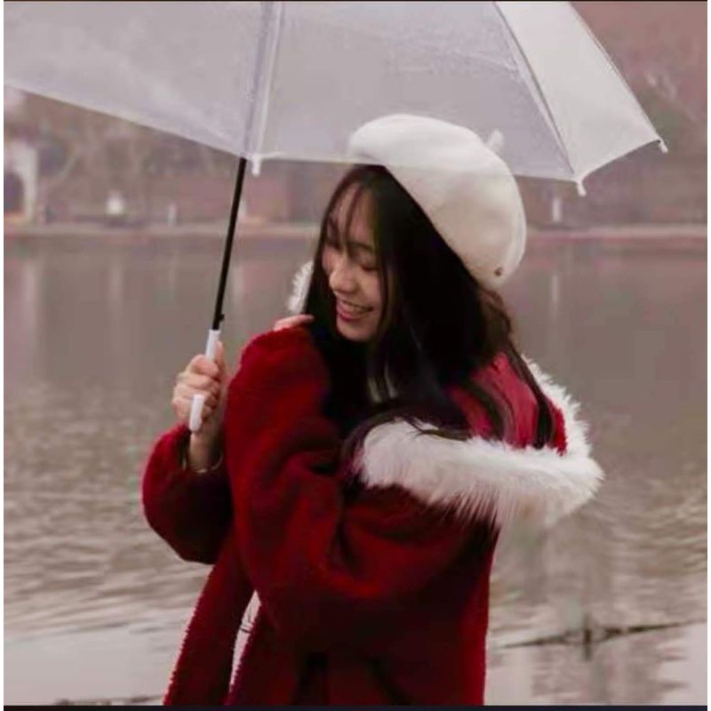 Áo khoác dạ đỏ mũ lông trắng siêu ấm BCi