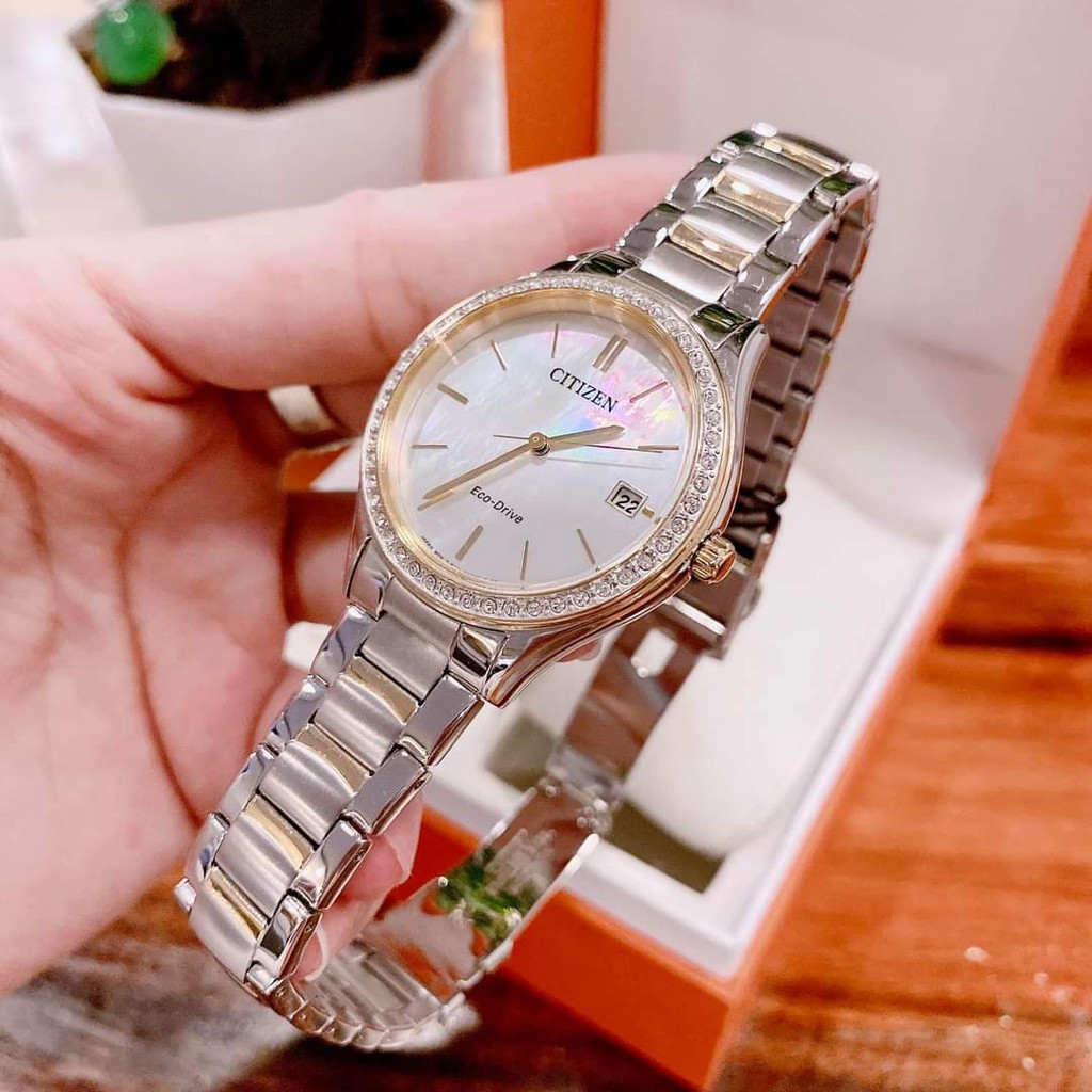 Đồng hồ Nữ Citizen Eco-Drive EO1184-57N Demi Size 34mm,Mặt trắng,Đính kim cương,Lịch ngày-Năng lượng ánh sáng-Dây thép