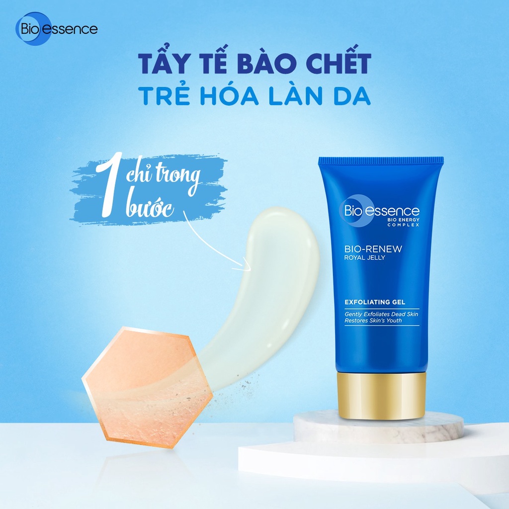 Combo sạch da chuyên sâu BioEssence (Gel tẩy tế bào chết BioRenew 60gr+Sữa rửa mặt BioRenew tinh chất sữa ong chúa 100g) | BigBuy360 - bigbuy360.vn