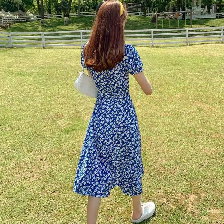Đầm Dài Tay Phồng Cổ Chữ v Họa Tiết Hoa Phong Cách Retro Thời Trang Xuân Hè Mới