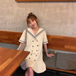 Đầm suông linen thủy thủ cổ bẻ to phối hai hàng nút D140