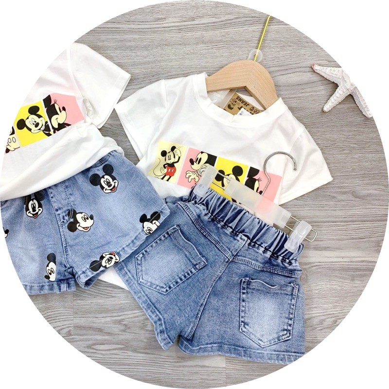 SET BÉ GÁI ÁO PHÔNG TRẮNG MICKEY MIX QUẦN BÒ