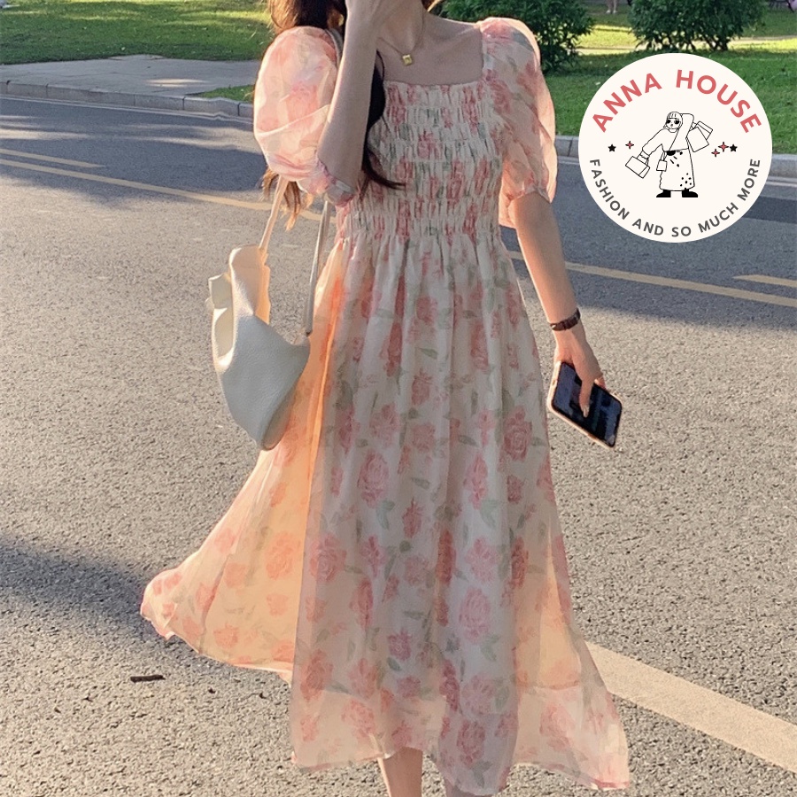Đầm maxi hoa đi biển dáng xòe dài tay ngắn, váy hoa hồng dáng dài 2 lớp mặc 2 kiểu trễ vai, cổ vuông chun ngực dự tiệc