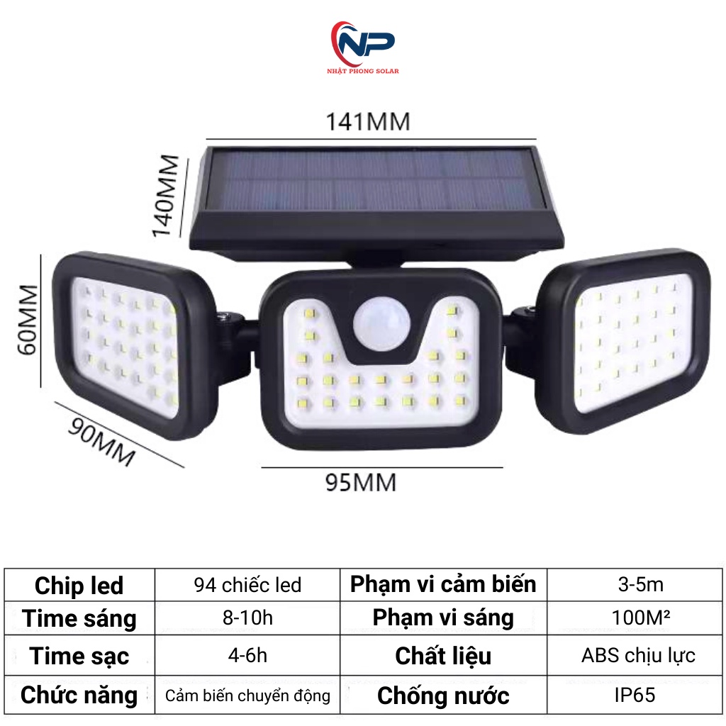 Đèn năng lượng mặt trời 3 mảnh 94 mắt led to công suất 150W siêu sáng mẫu mới 2022, gấp mở gọn gàng,cảm biến thông minh