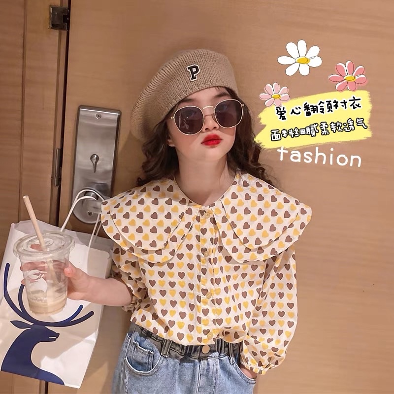 Áo sơ mi bé gái Áo kiểu bé gái cổ tròn hình trái tim size đại