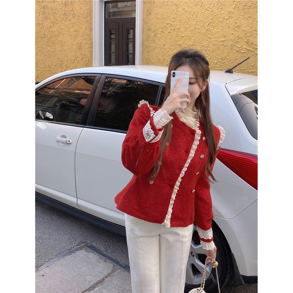 ] Áo dạ đỏ viền ren tay bồng giáng sinh tiểu thư sang chảnh Ulzzang A126