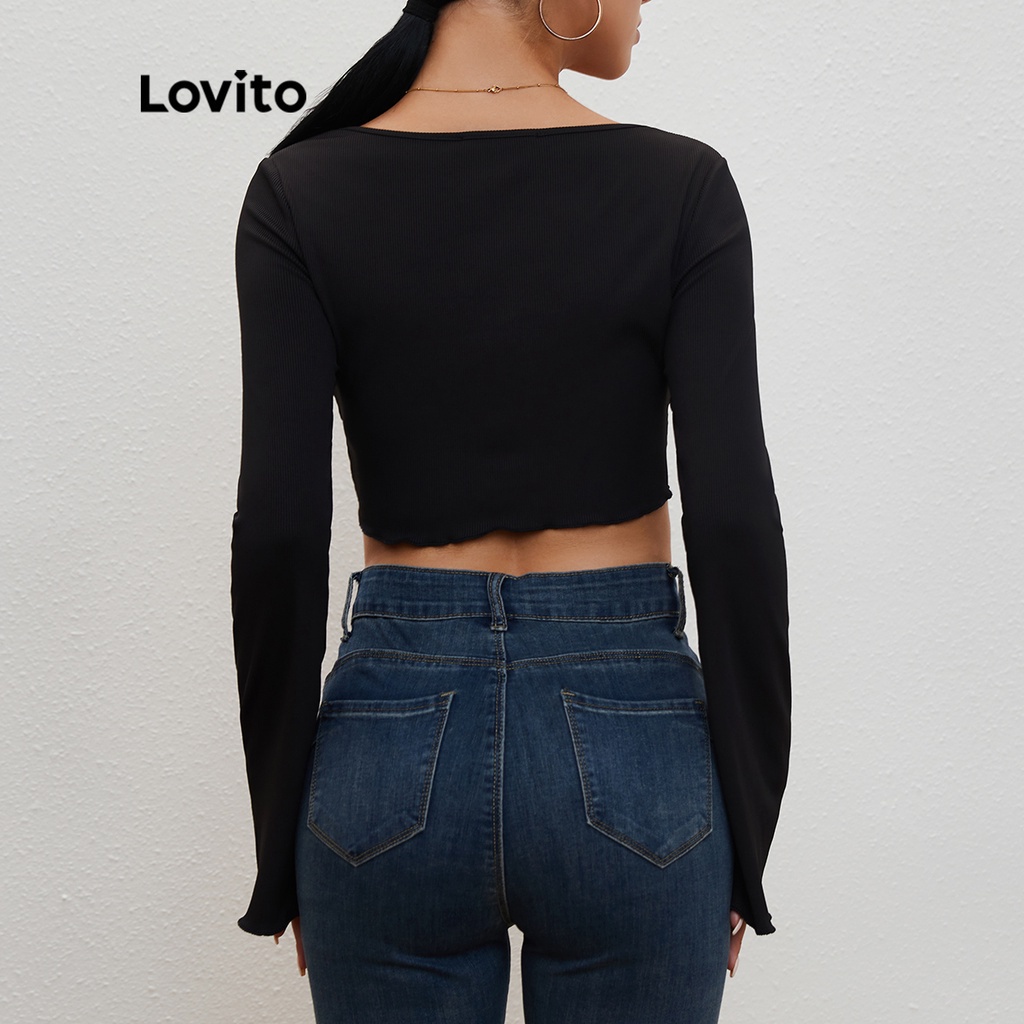 Lovito Áo Thun Tay Chuông Xoắn Màu Đen L20D163