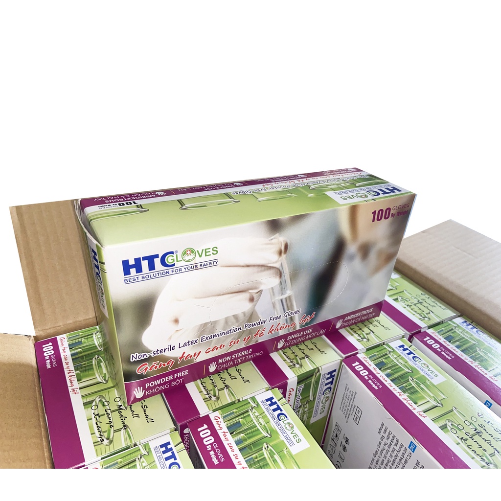 Găng Tay Cao Su Y Tế HTC Glove Latex Không Bột - Màu Trắng (White) Size S M L Hộp 100 Chiếc - Cao Su Tự Nhiên