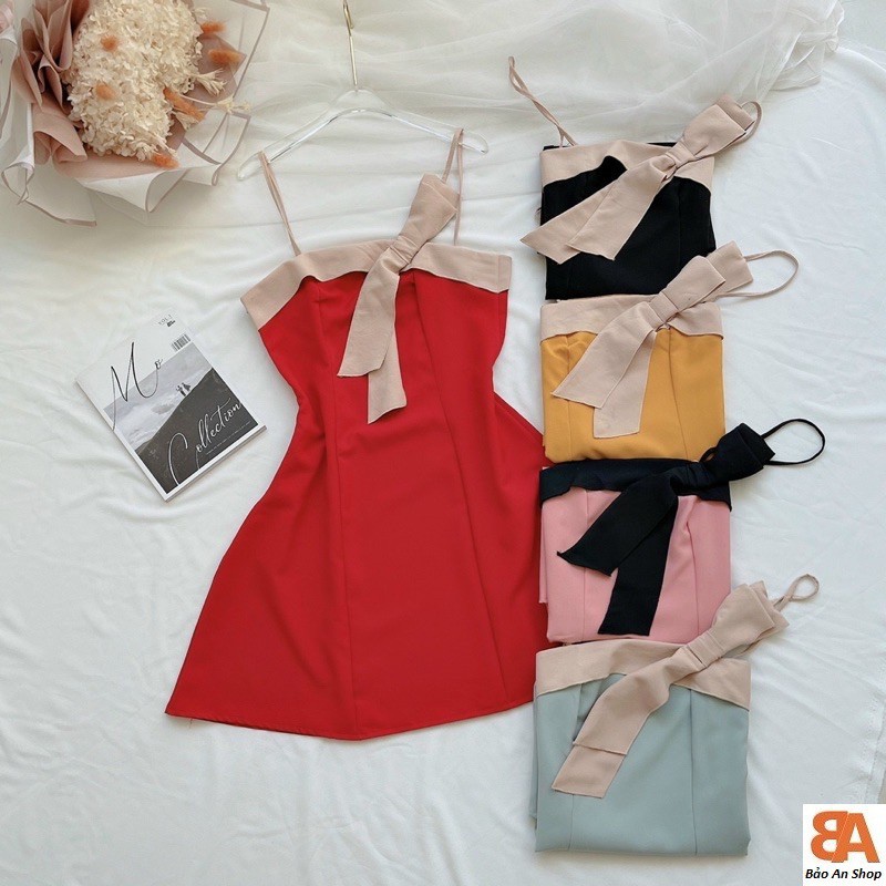 Đầm 2 dây phối màu nơ kute chất vải Tuyết Mưa Free Size 40-50kg dành cho nữ | BigBuy360 - bigbuy360.vn