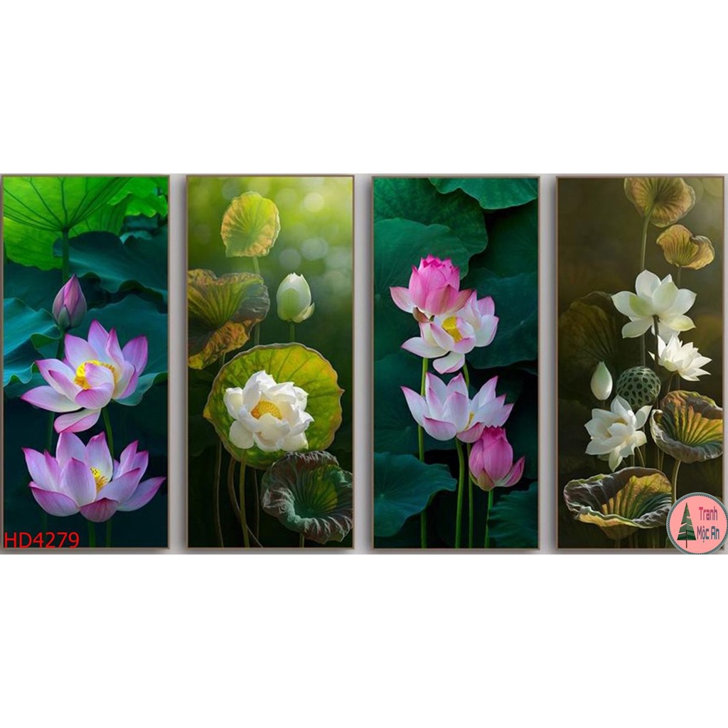 bộ 4 tranh HOA SEN ĐẸP Ý NGHĨA cao cấp Treo Tường Tráng gương trang trí phòng khách