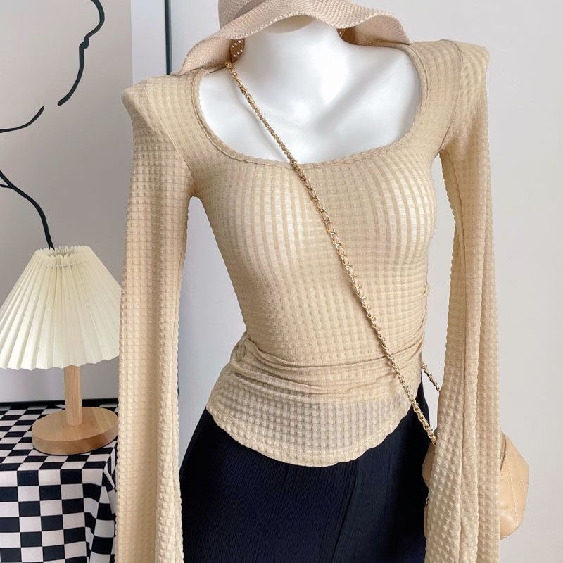 Áo thun COZOKC tay dài cổ vuông ôm eo thời trang dành cho nữ