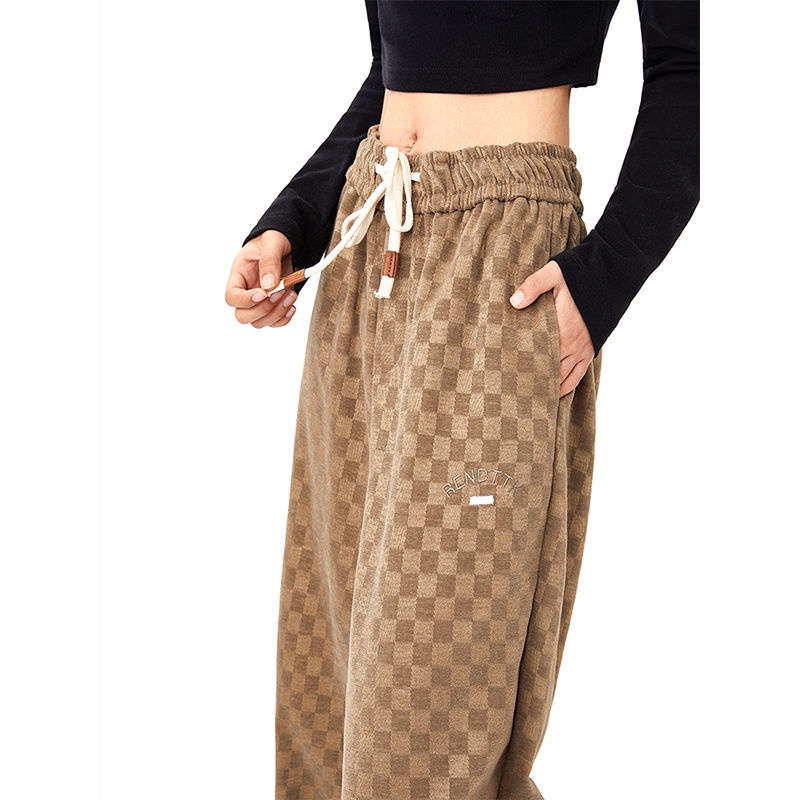 Quần dài thể thao ống rộng dáng suông in sọc caro thời trang hiphop đường phố retro Mỹ mùa xuân thu cho nam nữ