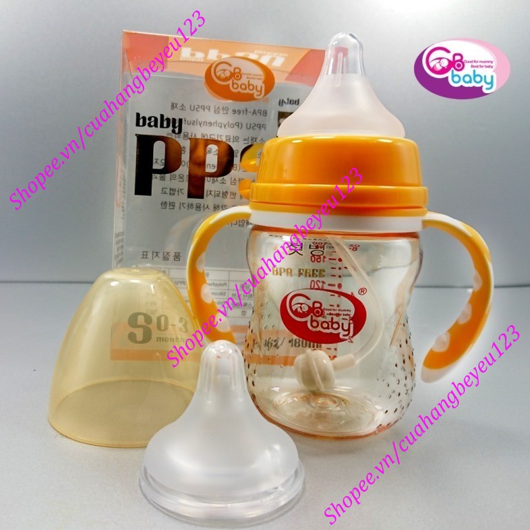 Bình sữa 180ml Cổ rộng PPSU Cao cấp có tay cầm, có van chống sặc GB Baby (Tặng 1 núm ty GB-baby, Que thông tắc sữa)