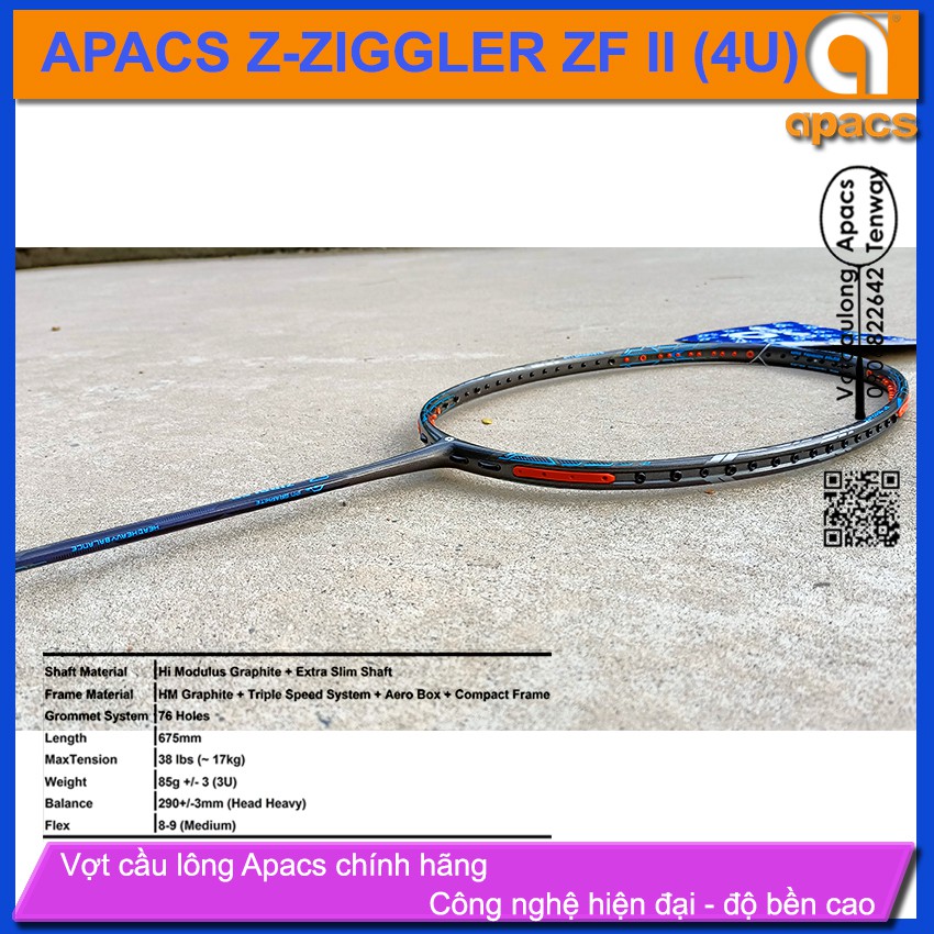 [Vợt cầu lông Apacs Z-Ziggler ZFII - 4U] Thân đũa 6.4mm chống cản gió, đen mạnh mẽ vân xanh nam tính