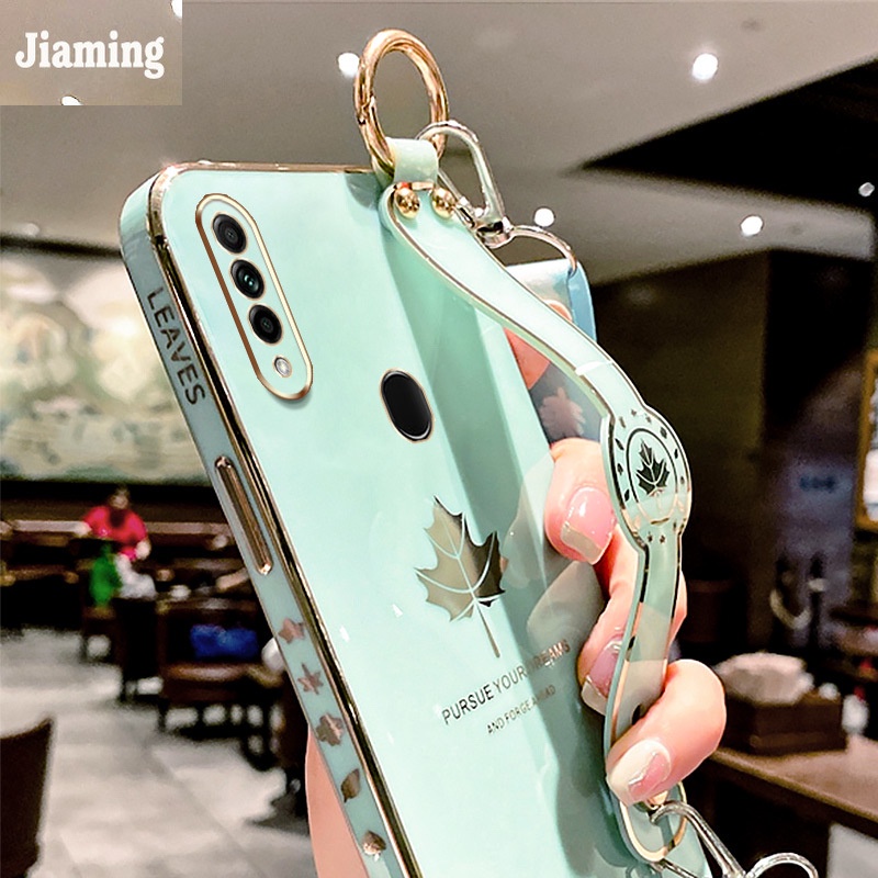 Ốp Điện Thoại Viền Lá Phong Mạ Điện Sang Trọng + Dây Đeo Cho OPPO A31 2020