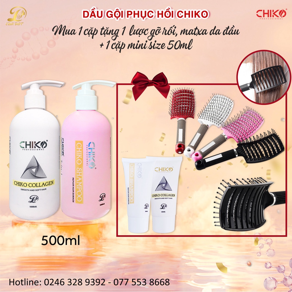 Cặp dầu gội-Dầu Hấp collagen Chiko,siêu phục hồi tóc hư tổn 500ml (có quà tặng)