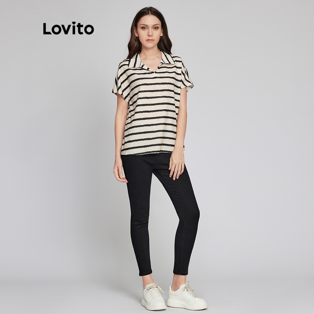 Áo cổ kiểu Lovito họa tiết sọc phong cách thường ngày L26LD024 (màu trắng ngà)