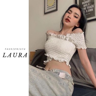 Áo trễ vai tiểu thư bánh bèo Laura Boutique - Áo trễ vai viền bèo vải nhún kiểu dáng croptop co dãn 4 chiều