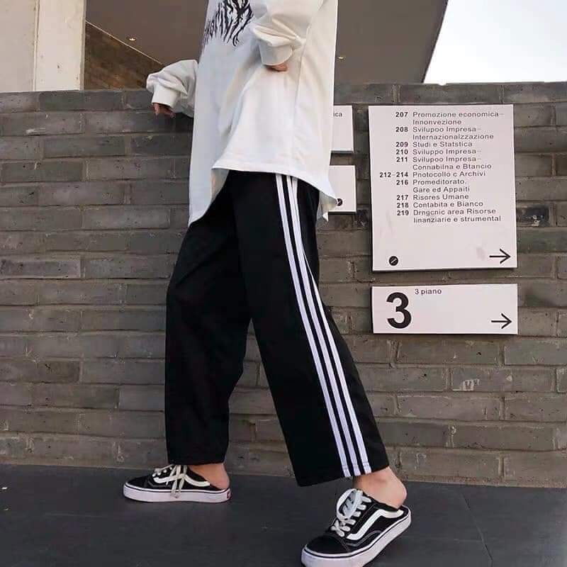 Quần 3 Sọc Ống Rộng Thể Thao Unisex [FREESHIP] 🌸 Culottes kẻ trắng dáng suông cạp chun basic Ulzzang SIÊU HOT 🌸