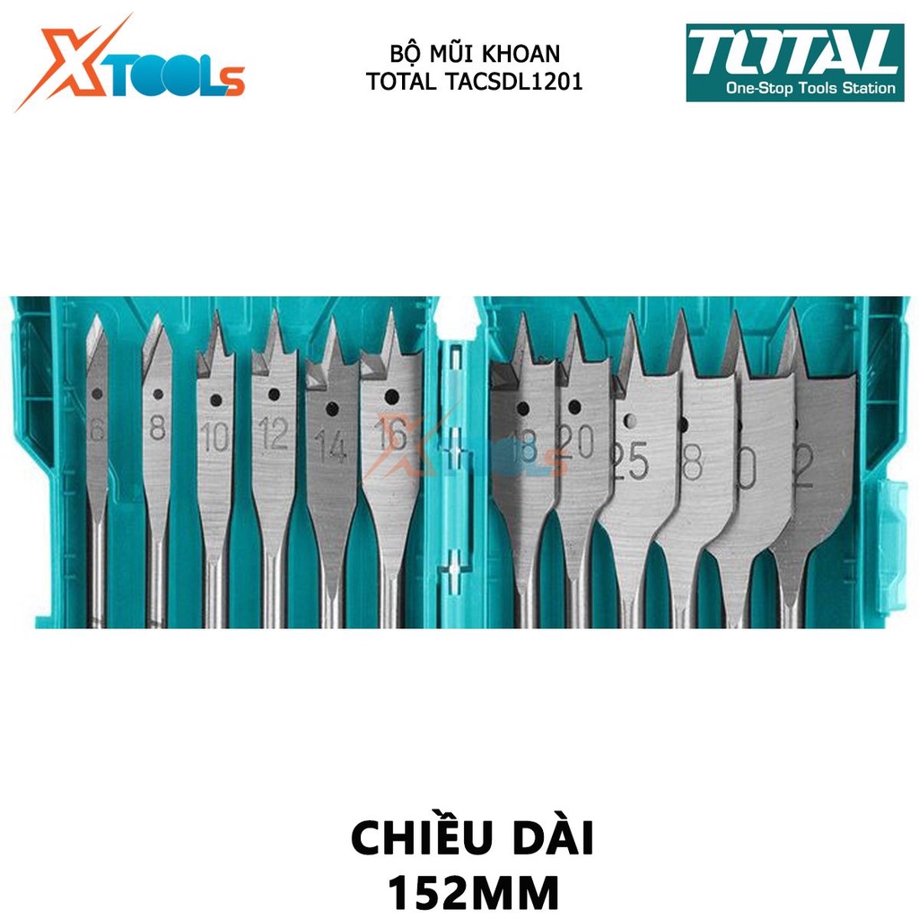 Bộ 12 mũi khoan gỗ đầu dẹp TOTAL TACSDL1201 bộ 12 mũi khoét gỗ đuôi cá Đuôi lục giác 1/4 &quot;, Chiều dài 152mm, Size 6,8,10