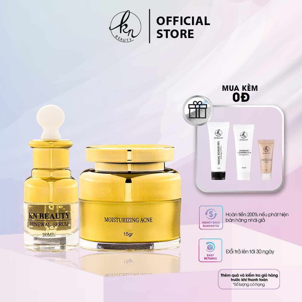 Combo 2 sản phẩm Ngừa mụn Giảm thâm Dưỡng trắng Kn Beauty: Serum 30ml +kem dưỡng 25gr tặng set mini