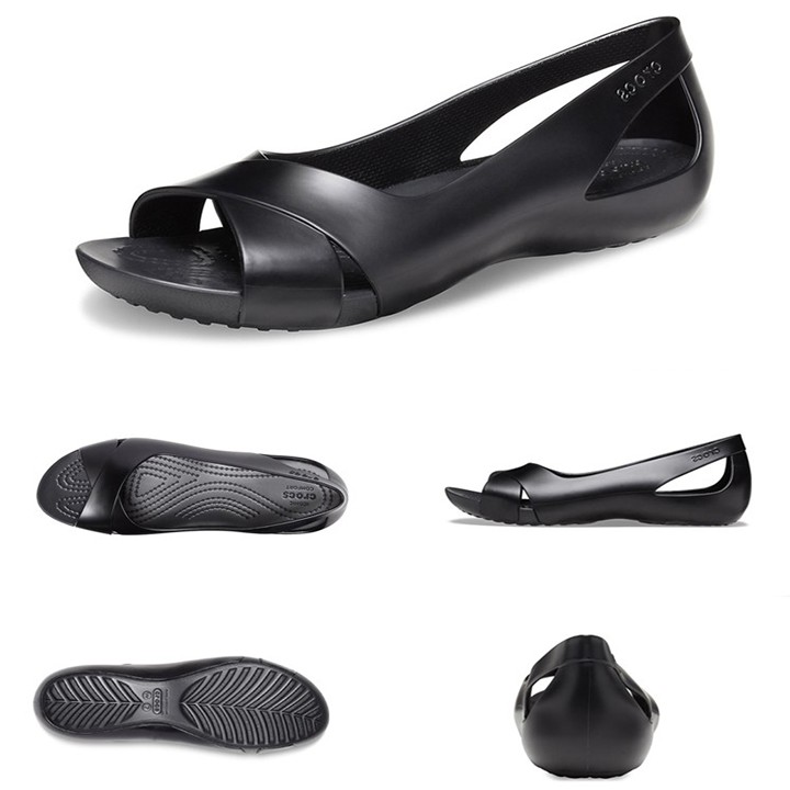 Giày sandal nhựa đi mưa chống hôi chân -Croslite-serena-flat cho nữ màu đen