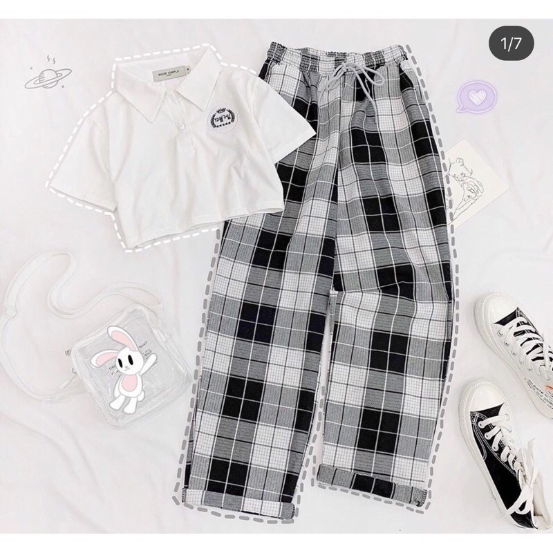 [Rẻ Vô Địch]Set Baggy Caro + Crop Logo Chữ Hàn