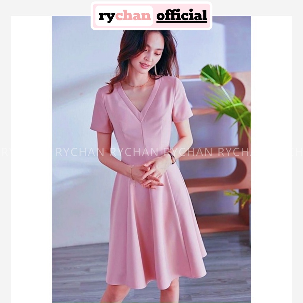 Đầm Nữ Công Sở Cổ V Tay Ngắn Form Xòe Thanh Lịch, Váy Nữ Dạo Phố Form Ngắn Basic Màu Hồng - DX9761