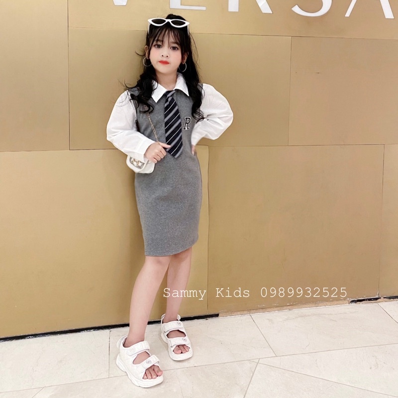 Váy Body phối tay Sơ mi kèm Calavat Hàn Quốc cho bé gái size đại 16-40kg