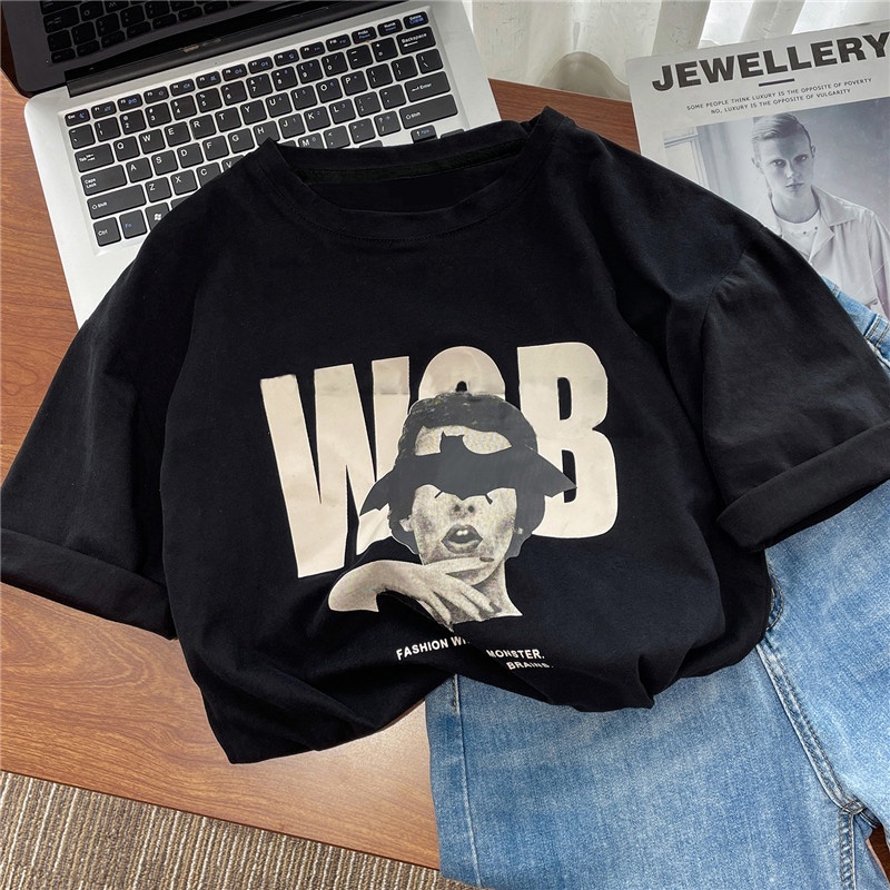 Áo Thun Tay Ngắn Cổ Tròn Dáng Rộng In Chữ Thời Trang Hàn Quốc Cho Nữ