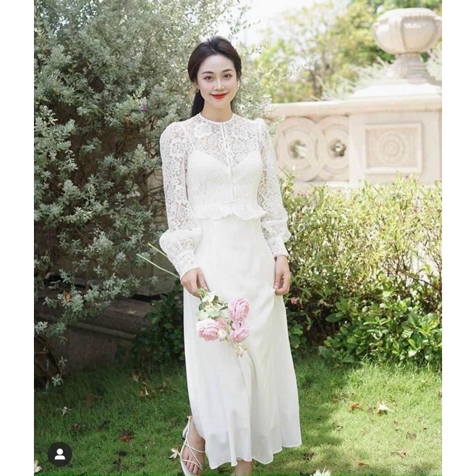 Đầm midi hoa trắng nơ cổ tay phồng,đầm nữ tiểu thư siêu sang xinh